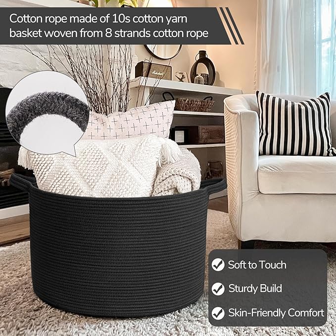 INDRESSME XXXLarge Blanket Basket 21.7" x 21.7" x 13.8" Woven Storage Baskets Soft Cotton Rope Toy Baskets Storage Kids Decorative Laundry for Home, Perfect for Living Room, Black