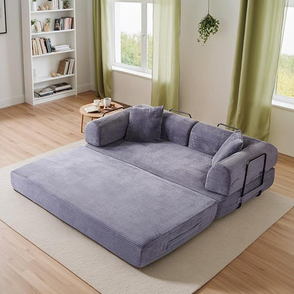 Antetek Convertible Futon Sofa Bed, 3-Seater Modern Corduroy Foam Floor King Size Bed Fold Out Sleeper Lounge Loveseat Sofa Couch with 2 Throw Pillows for Living Room Bedroom Guest Room, Light Grey