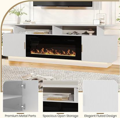 70” Fluted TV Stand with 36” Electric Fireplace, 2 Tier TV Console Cabinet with