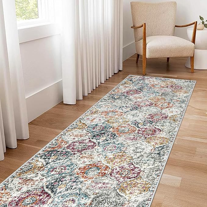 Lahome Moroccan Trellis Hallway Runner Rug, 2x6 Kitchen Runner Rugs Non Skid Washable, Vintage Laundry Room Rug Ultra-Thin Long Carpet for Bathroom Bedroom Entryway, Aqua/Multi