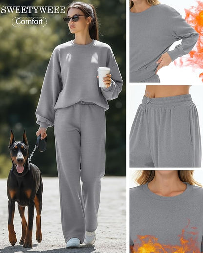 Sweetyweee Women's 2 Piece Outfits Set Fleece Lined Lounge Sweatsuit Crewneck Pullover Top Wide Leg Pants Casual Tracksuit