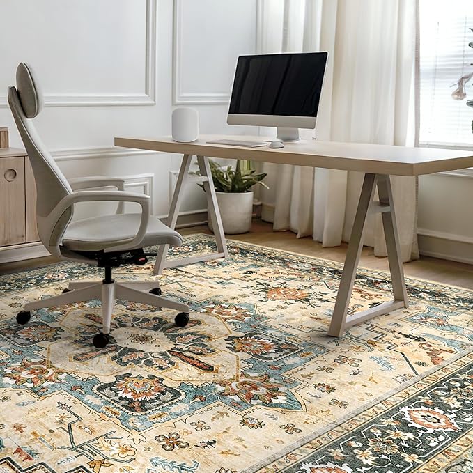 Area Rugs for Living Room 6x9 - Machine Washable Vintage Oriental Soft Rug, Low Pile Thin Floor Carpet with Non Slip Backing for Bedroom, Dorm, Under Dining Room Table, Indoor House, Office Decor