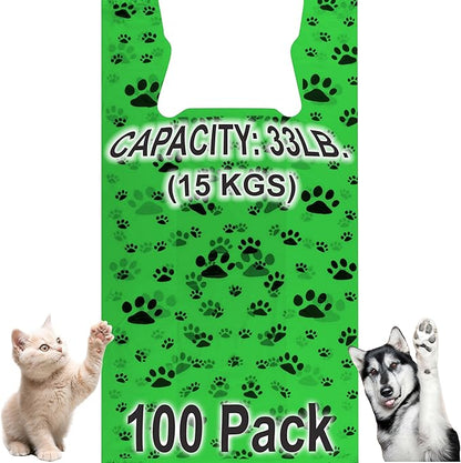 T-Shirt Bags – Paw Print Design Green Color - 100 Pack - Thank You & Shopping Bags - Cat or Dog - 22" L x 12" W x 7" Plastic
