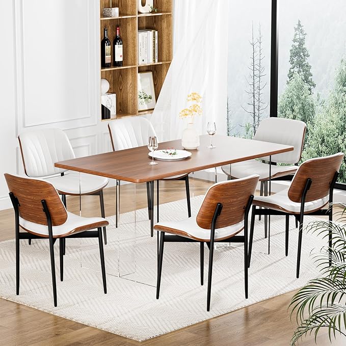 YaFiti Dining Chairs Set of 8, Dining Room and Kitchen Chairs, FSC Certified Mid Century Modern Accent Chair, Upholstered PU Leather Chairs for Vanity with Walnut Bentwood and Metal Legs, White