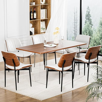 YaFiti Dining Chairs Set of 8, Dining Room and Kitchen Chairs, FSC Certified Mid Century Modern Accent Chair, Upholstered PU Leather Chairs for Vanity with Walnut Bentwood and Metal Legs, White
