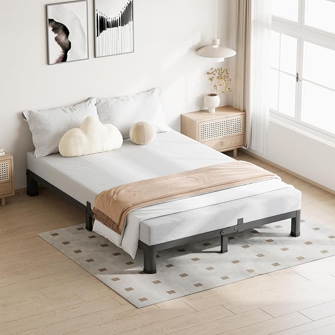 4 Inch Queen Bed Frame, 3500Lbs Heavy Duty Metal Platform with Round Corner Legs Mattress Slide Stopper, Steel Slat Support No Box Spring Needed, Noise Free, Non-Slip, Easy Assembly