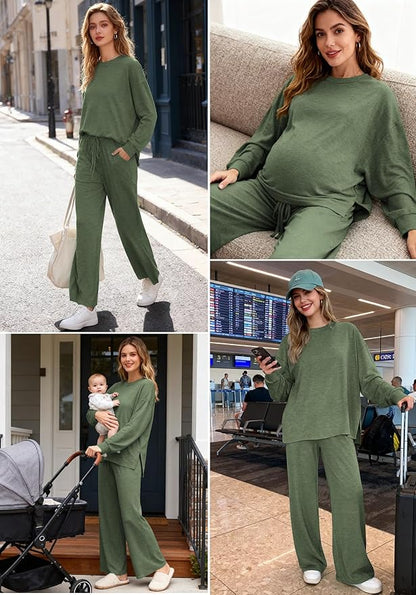 AmazingStar Womens Lounge Set 2025 Fall 2 Piece Outfits Long Sleeve Tops Wide Leg Long Pants Cozy Matching Sets Clothing