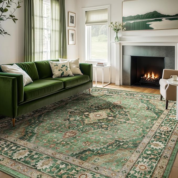 9x12 Rugs for Bedroom, Vintage Washable Rugs Non Slip Large Area Rug for Living Room Dining Room Office, Floor Decoration Big Rug Carpet Low-Pile Kid & Pet Friendly(Border Green)