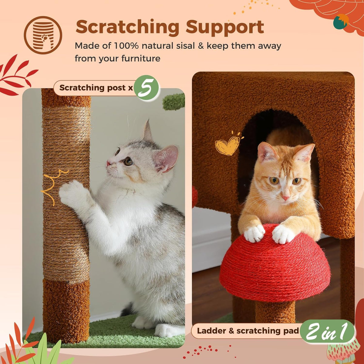 PEQULTI Mushroom Cat Tree Floor to Ceiling Cat Tower Adjustable Height (90.5''-100.4'' = 230cm-252cm) with Cat Condo, Cozy Hammock and Scratching Post, Tall Activity Tree for Indoor Cats, Brown