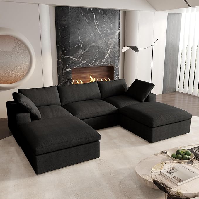 Cloud Modular Sectional Sofa Couch,120.45" U Shaped Convertible Couches with Storage Ottoman for Living Room,Minimalist Deep Sofa Couches,Sofa Covers Washable&Replaceable(Black)