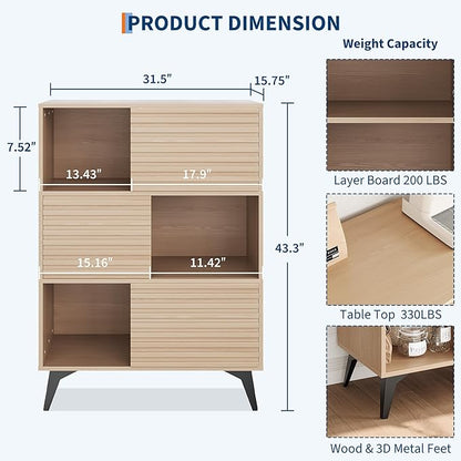 IDEALHOUSE Fluted Cabinet with Sliding Doors, Modern Wooden Storage Cabinet