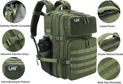 LHI Military Tactical Backpack for Men and Women 45L Army 3 Days Assault Pack Bag Large Rucksack with Molle System - Green