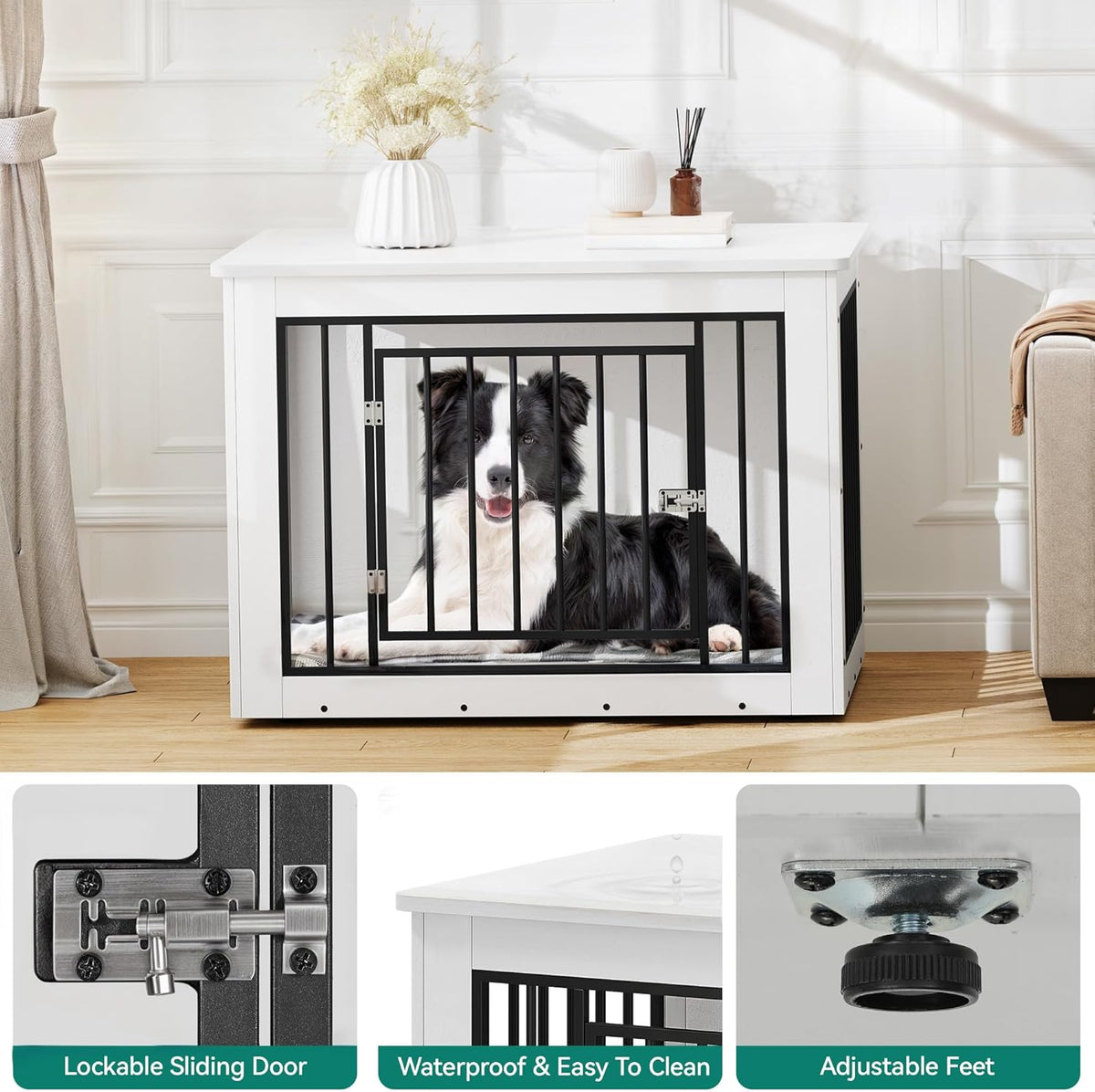 YITAHOME 38.2" L Dog Crate Furniture for Large Dogs, 2-in-1 Iron-Wood Fusion Dog cage Indoor up to 60 lb, Side End Table, Modern Dogs Kennel with Waterproof Top, Safety Corners,Steel Lock,White