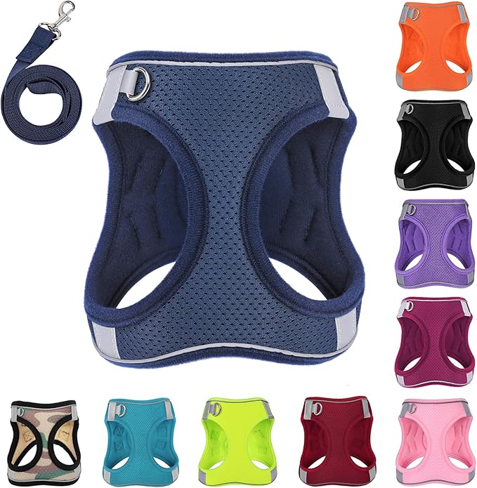 Dog Harness with Leash Set, No-Pull Step-in Reflective Pet Harness with 1 Leash Clips, Adjustable Soft Padded Easy Walk Dog Vest for Small Medium Large Dogs, Cats(Dark Blue,Medium)