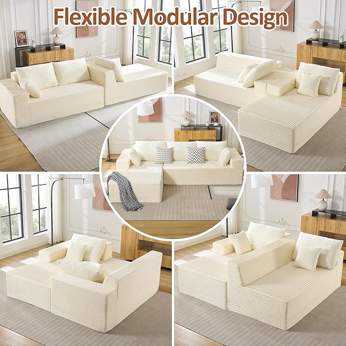 110" Boneless Sectional Couch with Chaise Lounge, Cloud Couch Compressed Sofa L Shape, No Assembly Memory Foam Sofa for Living Room, White Corduroy