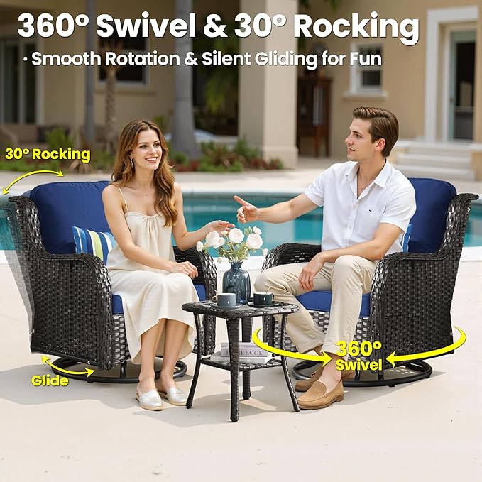 ovios 7 Pieces Patio Furniture Set, Outdoor Wicker Sofa Couch with Swivel Chairs 42" Fire Pit Table, High Back Modern All Weather Conversation Sets, Brown Rattan, Navy Blue