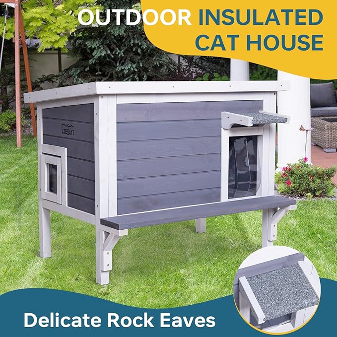 GEGURI Insulated Cat House Outdoor Weatherproof, Feral Cat Shelter for Winter, Large Wooden Enclosure