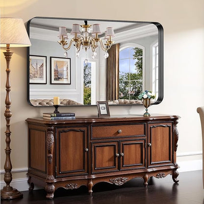 CIRCUMI Black Bathroom Mirror, Rounded Corner, Tempered Glass, Large Mirror