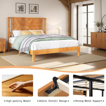 AMERLIFE Solid Wood Queen Size Bed Frame with Headboard, Rustic Style Platform Bed Frame with Under-Bed Storage, No Box Spring Needed, Noise Free, Easy Assembly, Light Brown