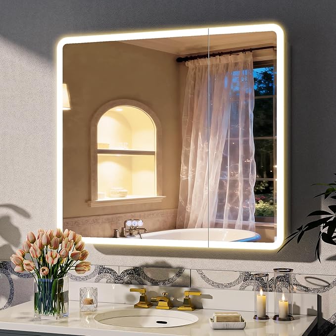 BEAUTYPEAK 36 x 32 LED Bathroom Medicine Cabinet Mirror, Adjustable Shelves