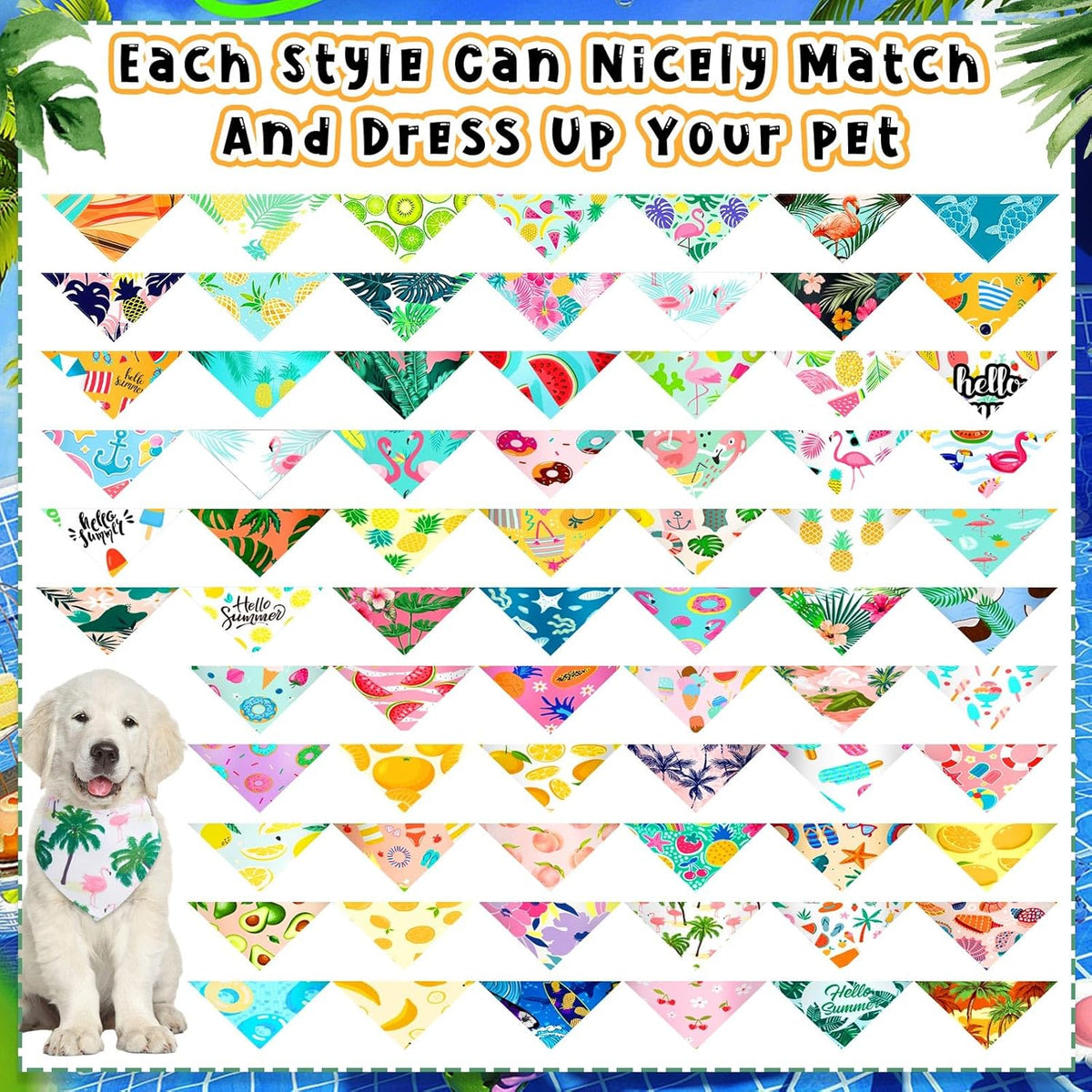 Reginary 72 Pack Summer Bandanas - Triangle Scarf Bibs for Dogs - Adjustable Dog Bandana for Pet Costume Accessories (Classic)