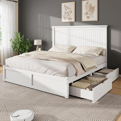 AMERLIFE King Size Solid Wood Bed Frame with 50" Tall Headboard, Mid-Century Modern Bed with Storage, Wooden Platform Bed with 2 Drawers, No Box Spring Needed, White