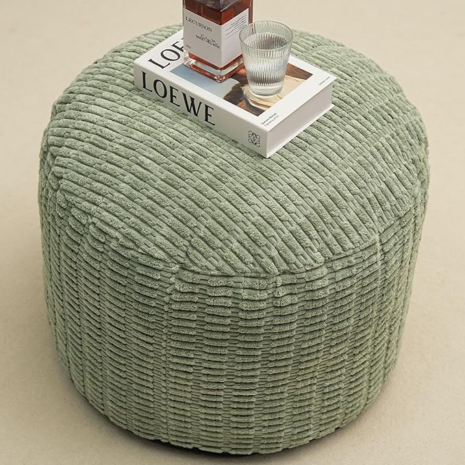 Round Stuffed Pouf Ottoman for Foot Rest, Storage Ottoman Pouf Foot Stool Cushion, Faux Fur Poufs with Foam Chunk Filling, 20 X 15 Inch Floor Chair for Living Room Bedroom Home Decor, Green