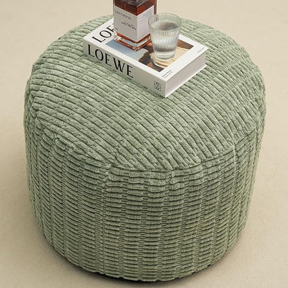 Round Stuffed Pouf Ottoman for Foot Rest, Storage Ottoman Pouf Foot Stool Cushion, Faux Fur Poufs with Foam Chunk Filling, 20 X 15 Inch Floor Chair for Living Room Bedroom Home Decor, Green