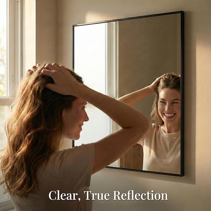 36''x36'' Large Black Square Mirror, Matte Metal Framed Bathroom Vanity Mirror