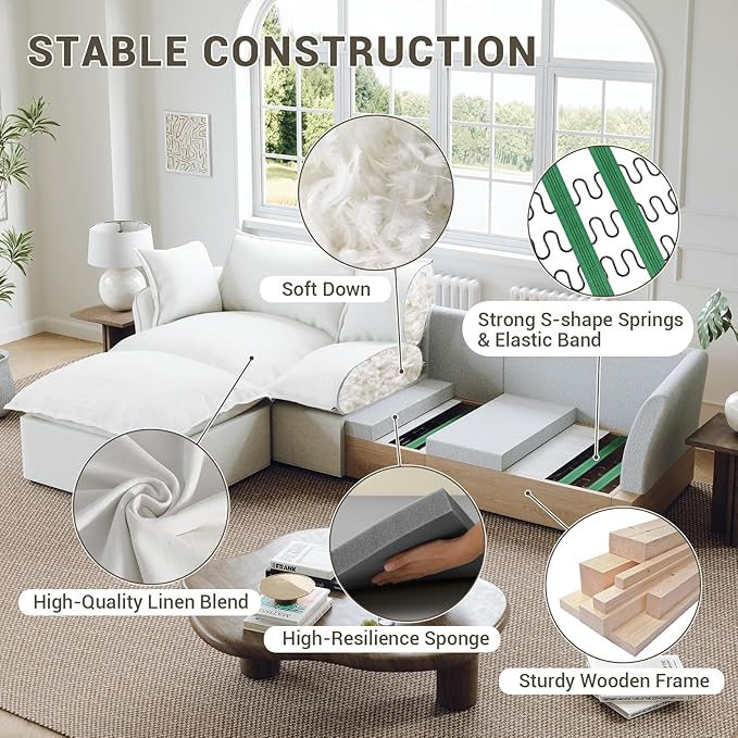Lopzeho Oversized Cloud Modular Sectional Sofa, Comfy Down Filled Cloud Couch with Removable Cover, Modern Loveseat Couch, Deep Seat Sectional Couches for Living Room, Cream White