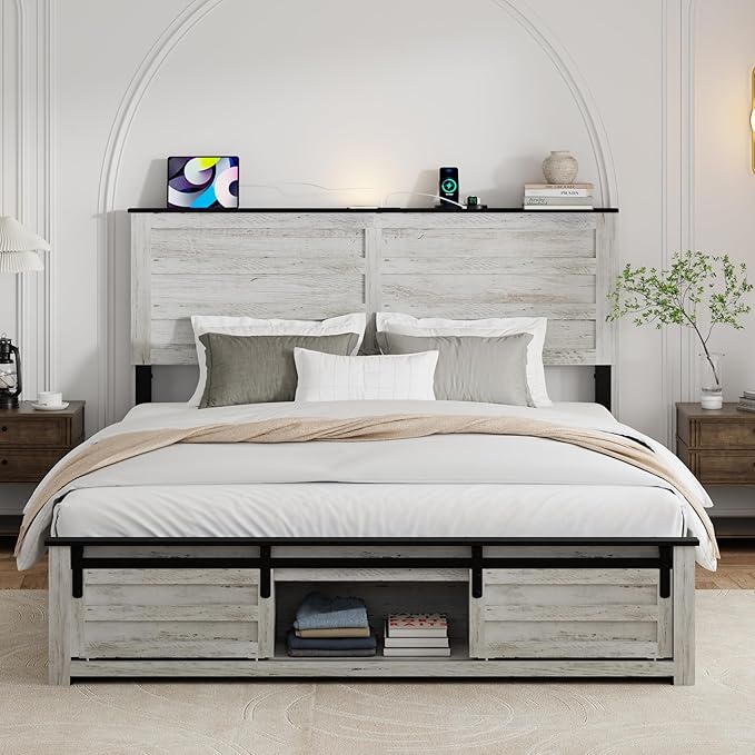 Full Size Bed Frame with Wood Headboard, Wooden Platform Bedframe with Sliding Barn Door Footboard and Charging Station Easy Assembly, No Box Spring Needed (Boho White, Full)