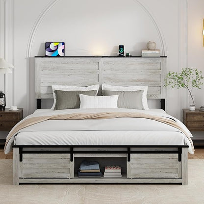 Full Size Bed Frame with Wood Headboard, Wooden Platform Bedframe with Sliding Barn Door Footboard and Charging Station Easy Assembly, No Box Spring Needed (Boho White, Full)