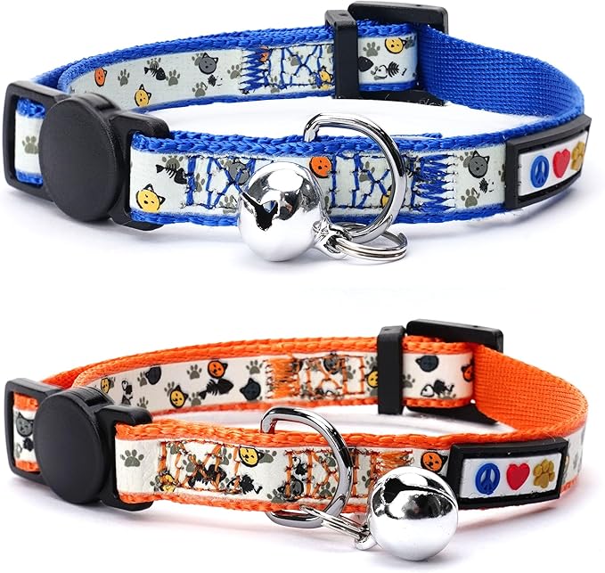 Pawtitas Glow in The Dark Cat Collar Set of 2 with Safety Buckle and Removable Bell Cat Collar Kitten Collar Blue Cat Collar + Orange Cat Collar