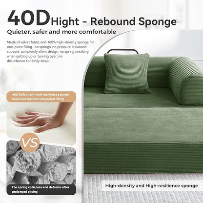 ZQRhome 79" 5-in-1 Convertible Sofa Bed, Premium Sleeper with Reinforced Frame & Plush Corduroy, No Assembly Modular Couch for Lounge, Guest Room & Small Space, Olive Green