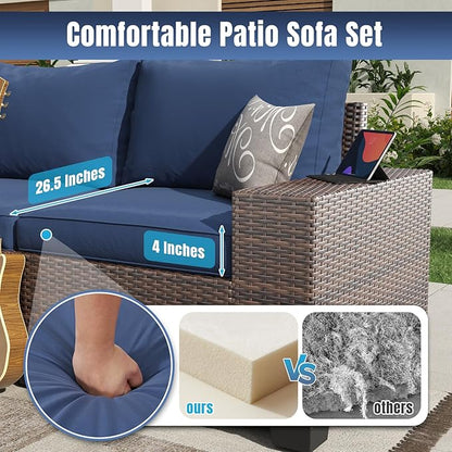 Aoxun 7 Pieces Patio Furniture Set with 44” Fire Pit Table Wicker Rattan Outdoor Sectional Conversation Set with Coffee Table and 4” Thickened Cushions, Blue(Waterproof Cover Included)