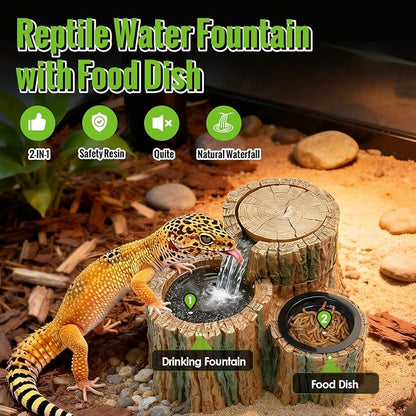 MIXJOY 2 in 1 Reptile Water Fountain with Food Dish 550ML, Reptile Waterfall Drinking Fountain with Adjustable Flow, Natural Resin, Reptile Water Dispenser for Bearded Dragon Gecko Lizard Chameleon