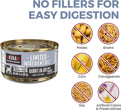 KOHA Limited Ingredient Diet Rabbit Pate for Cats - Single Meat Wet Cat Food for Sensitive Stomachs - *New Batch 2025, Improved, Smooth Texture* - Pate Cat Food, No Fillers - 3oz Pack of 24