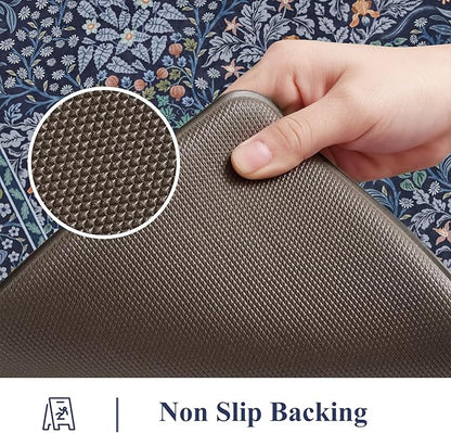 Collive Anti Fatigue Kitchen Mats, Cushioned Kitchen Rugs Set of 2 Waterproof Non Slip Desk Mat, Comfort Standing Rug Dark Blue Floral Carpet for Office, Sink, Laundry, 17.3"x29"+17.3"x47"