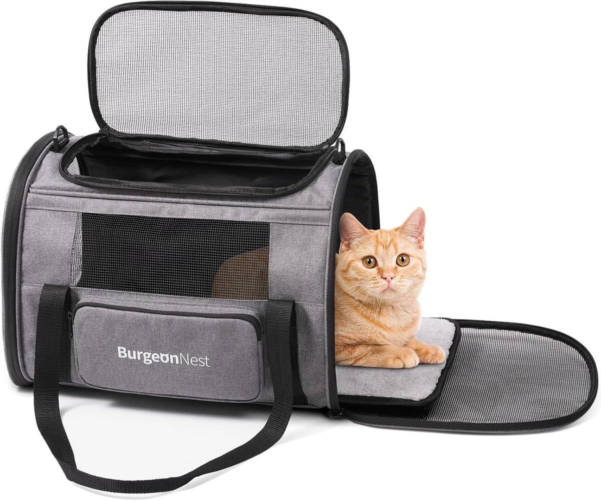 BurgeonNest Cat Carriers for Small Cats Under 15, Medium Puppy Under 25 lbs Large Pet 20 lbs Soft Sided Pet Carrier with Unique Side Bag (Medium, Grey)
