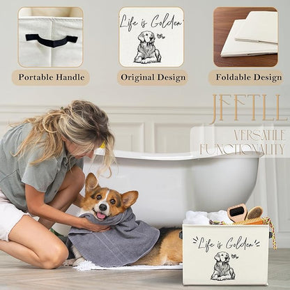 Funny Golden Retriever Dog Toy Basket, Dogs Lover Gifts, Life Is Golden Humorous Collapsible Pet Dog Toy Storage Bin Box Basket Organizer, Pet Supplies for Dogs