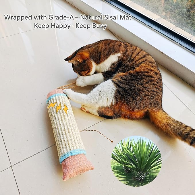 Interactive Cat Kicker Toy, 10 Inch Long Cat Scratcher Post, Natural Sisal Toy for Indoor Cats(Pink and Blue)