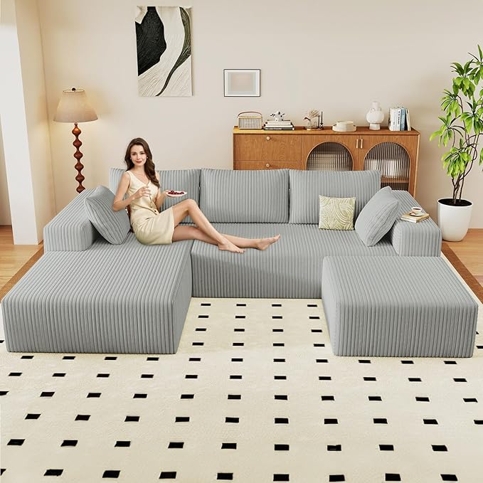 96" U-Shape Cloud Couch, Modern Modular Sectional L-Shape Sofa with Ottoman, Corduroy Upholstered Couches Deep Seat Chaise Longue for Living Room, No Assembly Required(Light Gray, Left Facing)