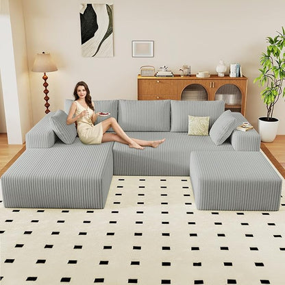 96" U-Shape Cloud Couch, Modern Modular Sectional L-Shape Sofa with Ottoman, Corduroy Upholstered Couches Deep Seat Chaise Longue for Living Room, No Assembly Required(Light Gray, Left Facing)