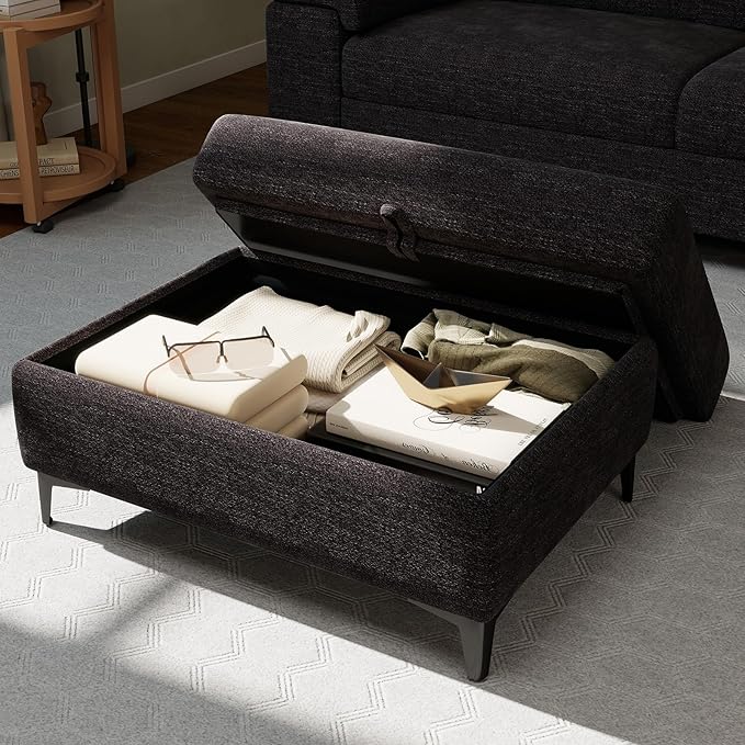 35" Large Storage Ottoman for Living Room, 7.8" Deep Seat Rectangular Ottoman Foot Rest for Couch, Chenille Storage Footstool Load 350 lb （Dark Dray）