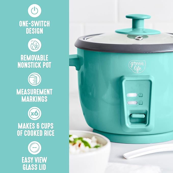 GreenLife Rice Cooker with Removable PFAS-Free Ceramic Nonstick Pot, 3-Cups