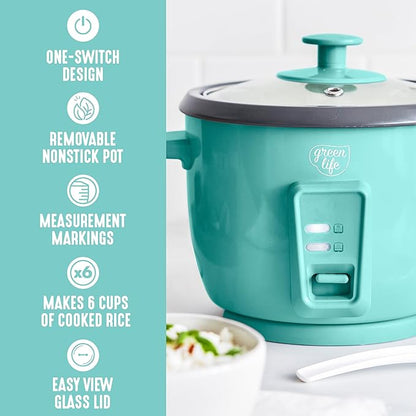 GreenLife Rice Cooker with Removable PFAS-Free Ceramic Nonstick Pot, 3-Cups