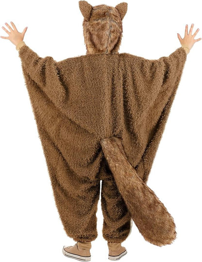 Kids Flying Squirrel Halloween Costume | Plush Sugar Glider Hooded Jumpsuit with Attached Wings for Dress-Up and Playtime