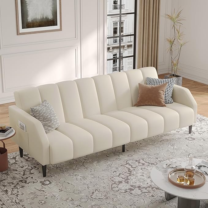 Fadware Faux Leather Couch, Convertible Futon Sofa Bed with Adjustable Backrest, Mid Century Leather Sofa Loveseat with Side Pockets& Metal Leg, Modern Leather Sleeper Sofa for Living Room Bedroom