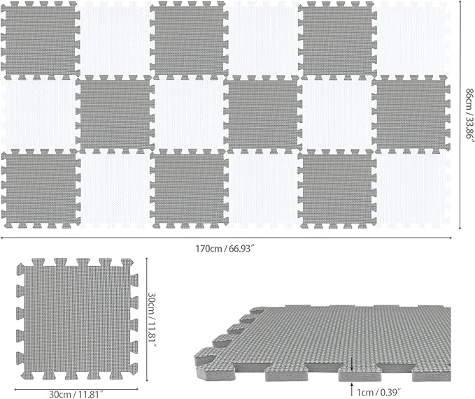 qqpp EVA Rubber 18 Tiles Interlocking Puzzle Foam Floor Mats - Baby Play Mat for Playing | Exercise Mat for Home Workout. White, Gray. QC-ALb18N