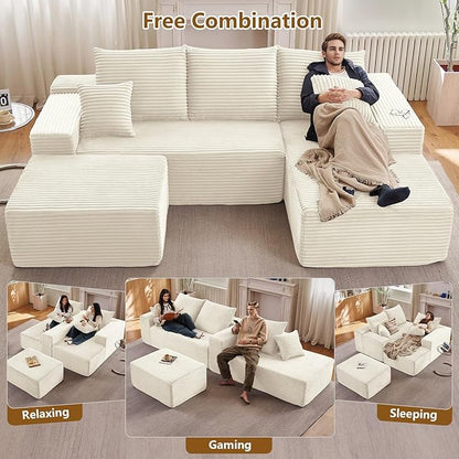 107" U-Shape Cloud Couch, Modern Modular Sectional Comfy L-Shape Sofa with Ottoman, Deep Seat, Upholstered Corduroy Sleeper Chaise Longue for Living Room Bedroom, No Assembly Required, White